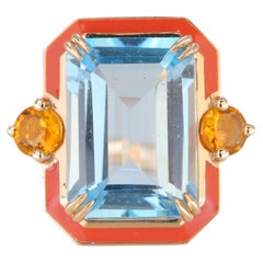 Bague cocktail en or 14 carats de style Artdeco émaillé avec topaze ciel et citrine de 5,68 carats