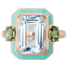 Estilo Art Déco 4.5 qt. Anillo de cóctel de oro de 14 quilates con aguamarina y zafiro verde