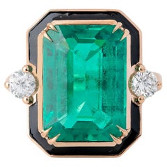 Bague cocktail en or 14K, style art déco 13 ct. Pierre émeraude et moissanite