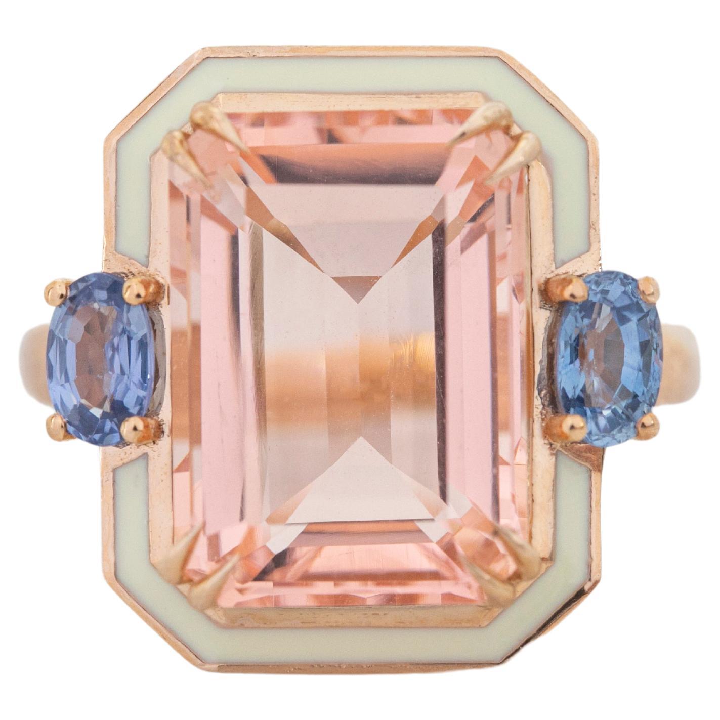 Bague cocktail en or 14 carats avec topaze rose et saphirs émaillés de 6,75 carats