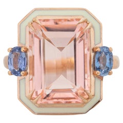 14K Gold 6,75 ct Rosa Topas & Saphir Emaillierter Cocktail Ring