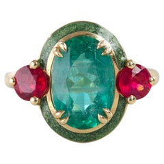 Anello da cocktail con smeraldo d'epoca in oro massiccio 14k, anello con pietra preziosa Art Deco