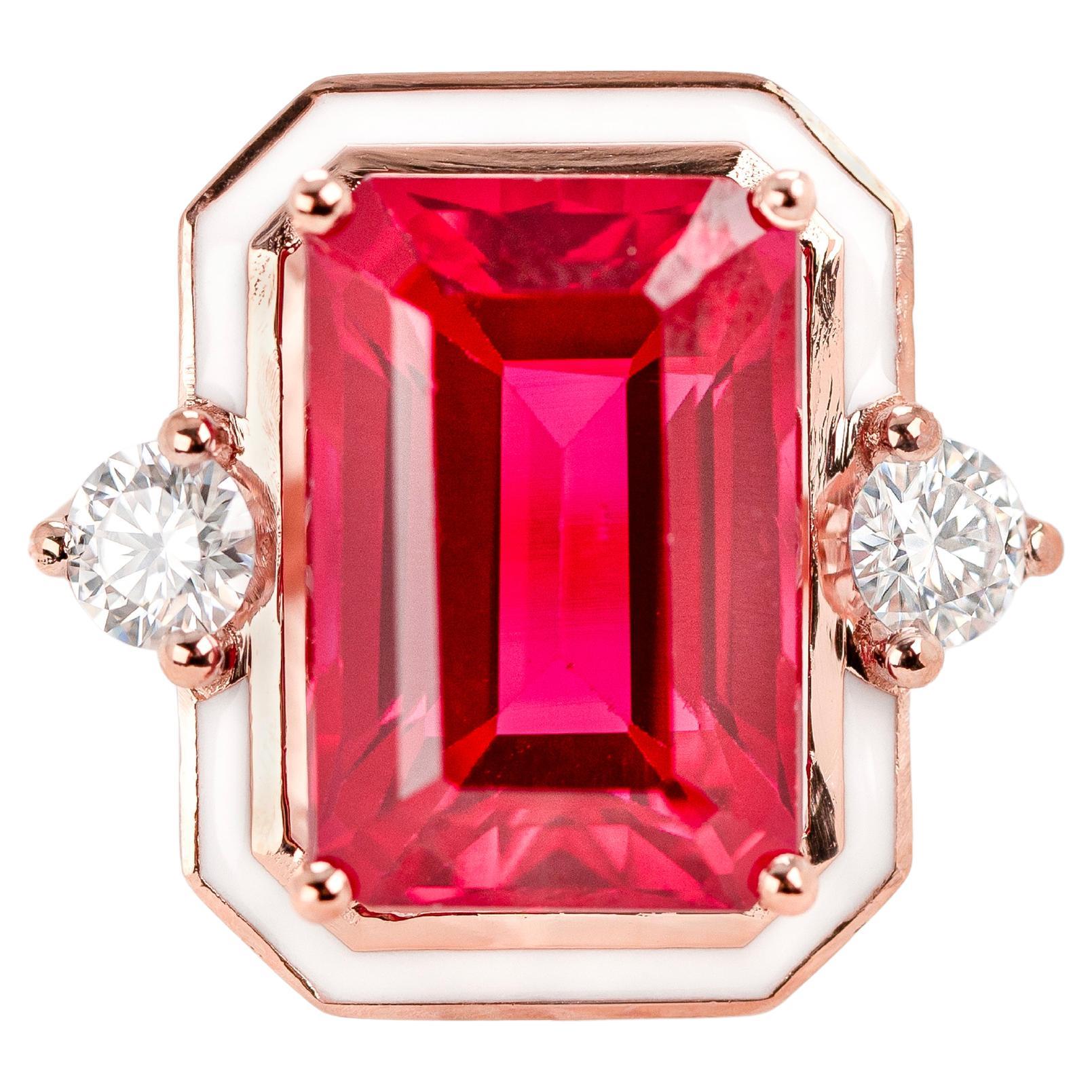 Art Deco Style Ring, Synthetic Ruby and Moissanite Stone Ring, 925 Silver Ring
