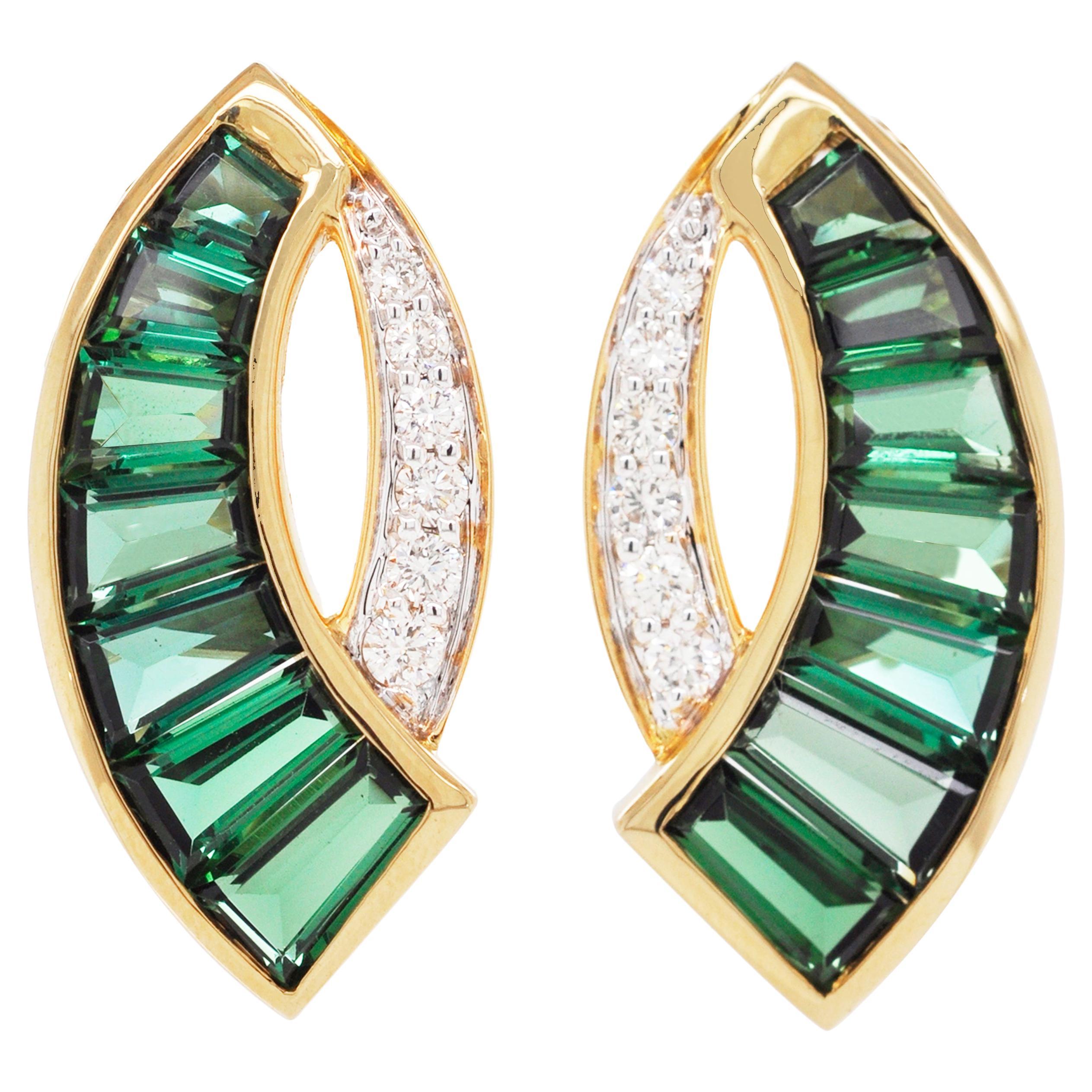 18 Karat Gold Caliber Cut Teal Green Tourmaline Baguette Diamond Stud Earrings For Sale