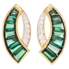 18 Karat Gold Caliber Cut Teal Green Tourmaline Baguette Diamond Stud Earrings