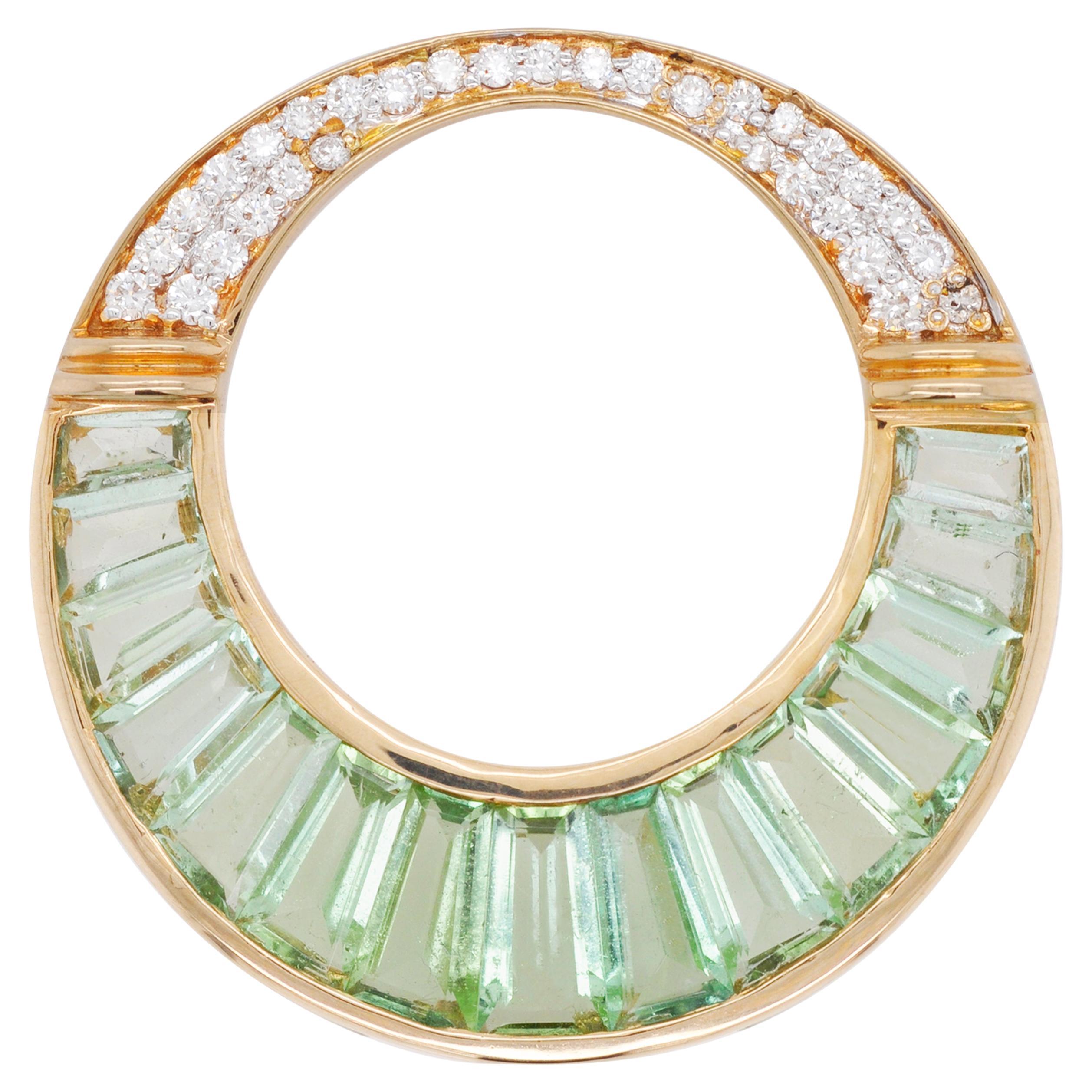 18 Karat Gold Mint Green Tourmaline Baguette Diamond Circular Pendant Necklace