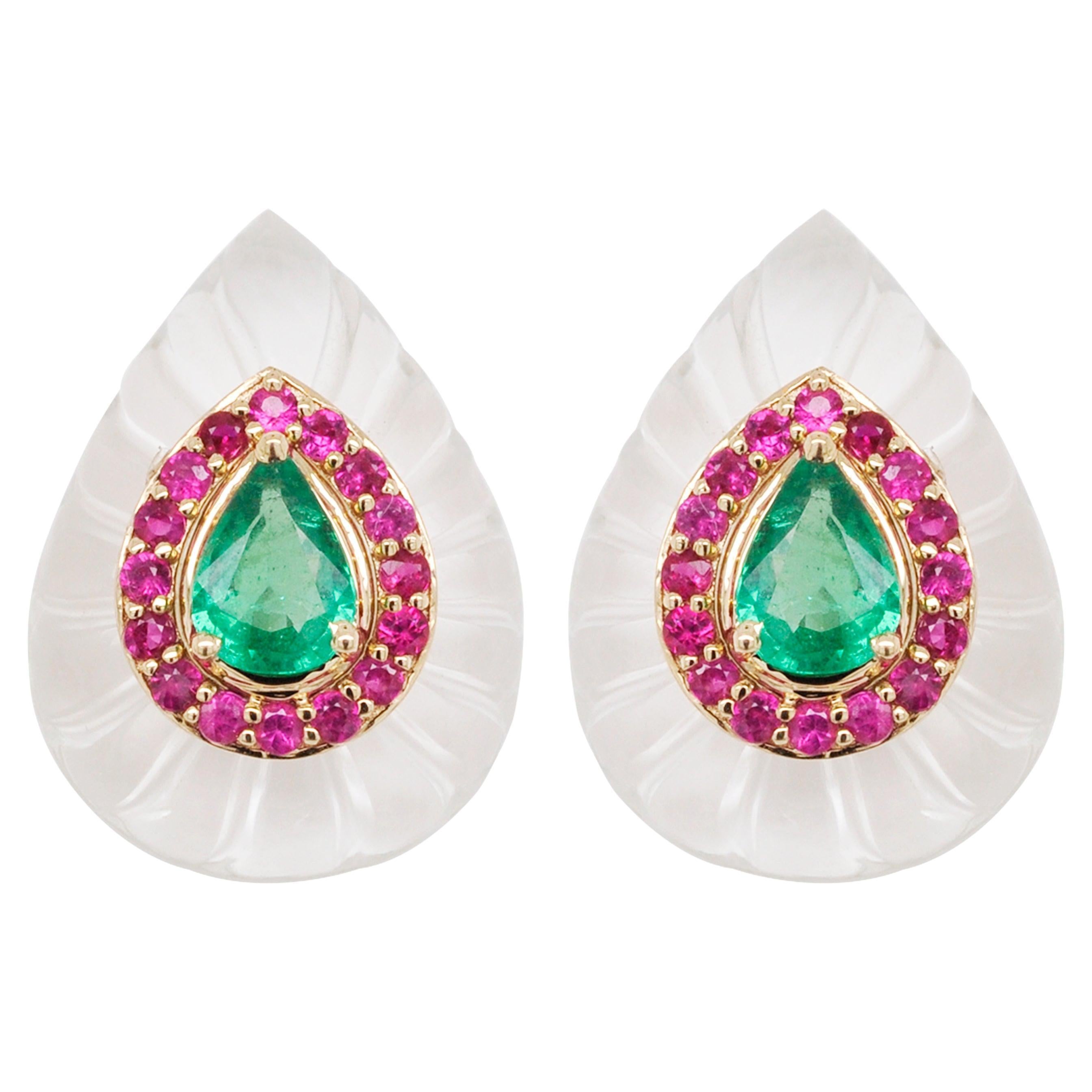 18 Karat Gold White Carving Crystal Pear Emerald Ruby Mughal Stud Earrings For Sale