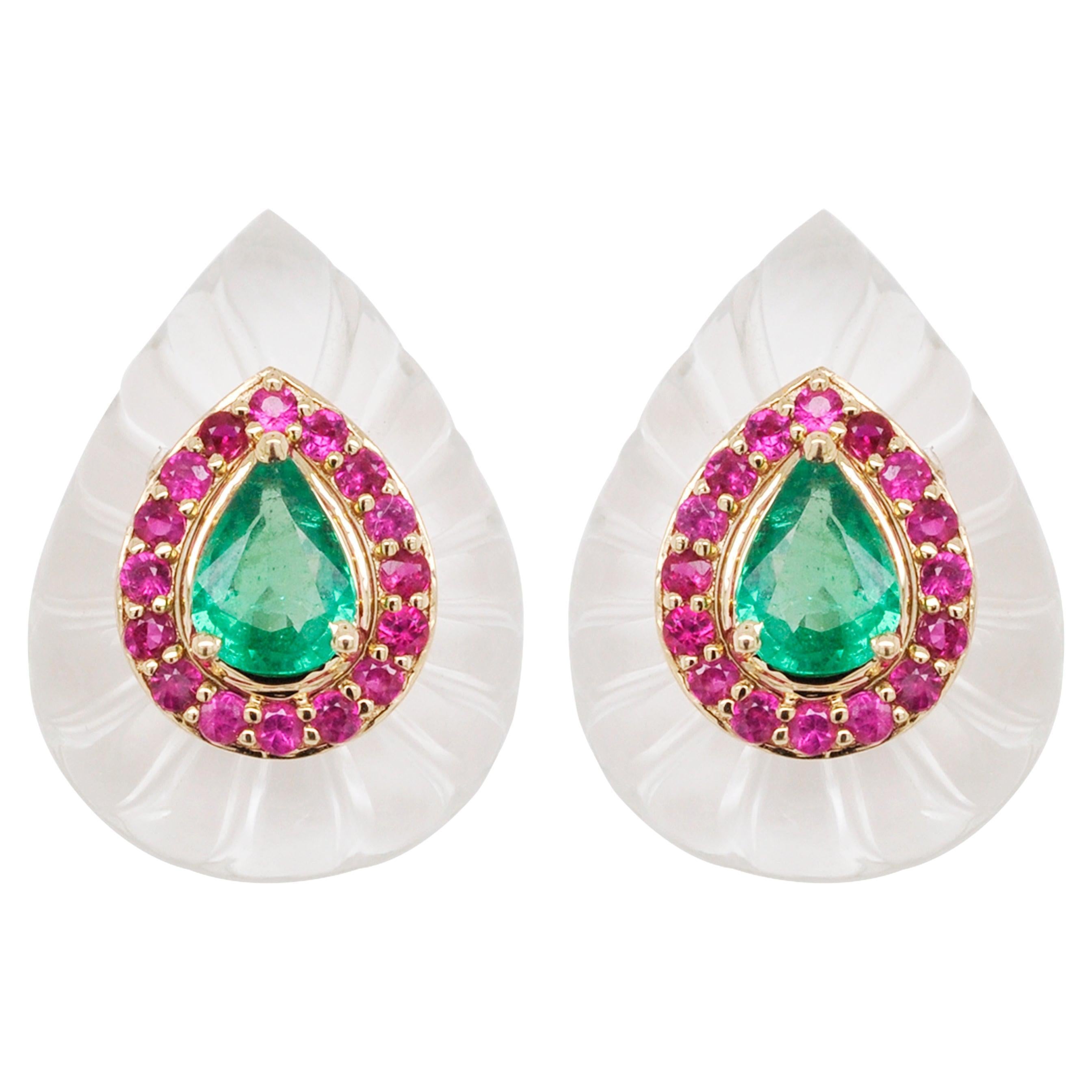 18 Karat Gold White Carving Crystal Pear Emerald Ruby Mughal Stud Earrings