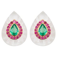 18 Karat Gold White Carving Crystal Pear Emerald Ruby Mughal Stud Earrings