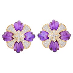 18 Karat Gold Natural Amethyst Carving with Diamond Stud Earrings 