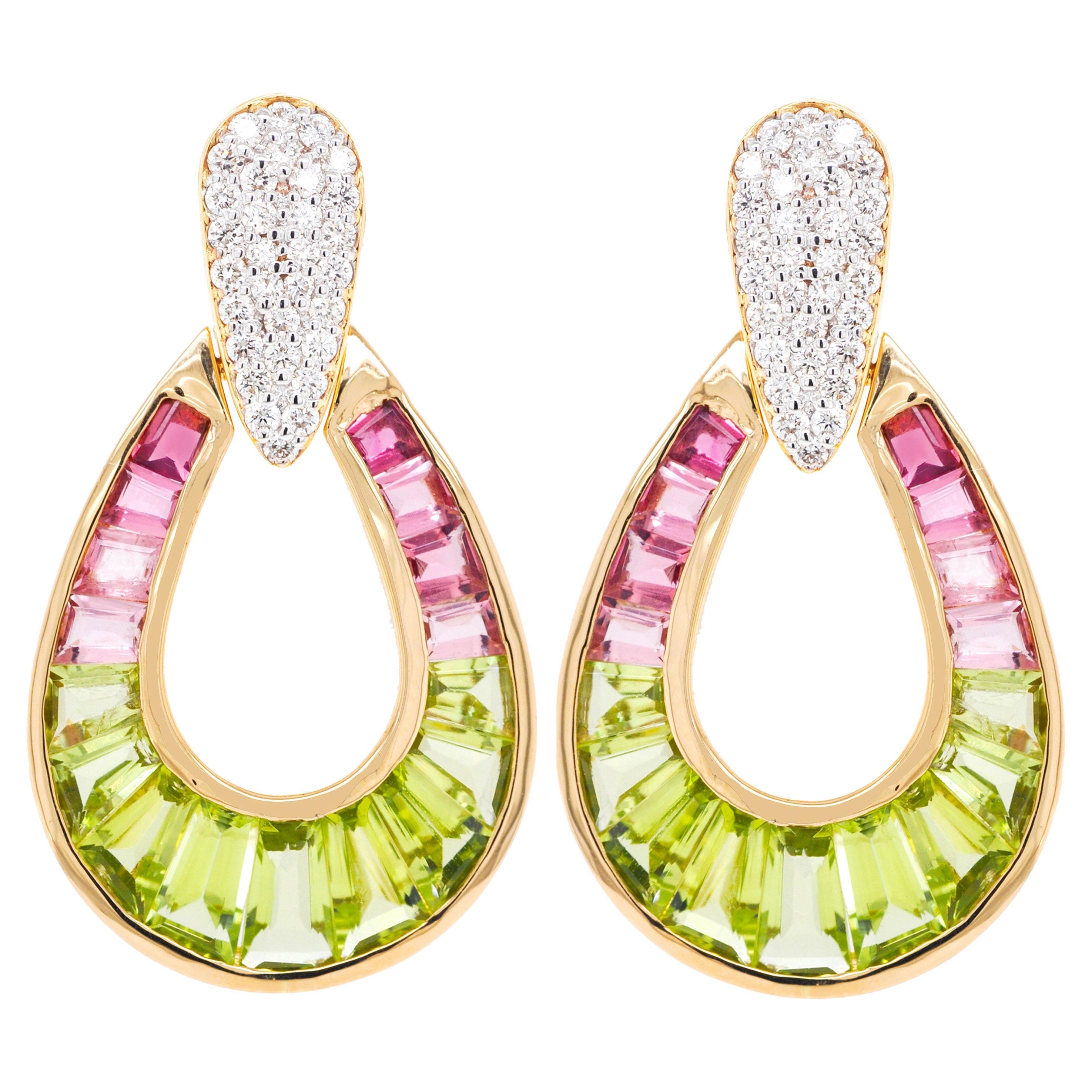 18K Gold Peridot Pink Tourmaline Raindrop Diamond Dangle Drop Earrings For Sale