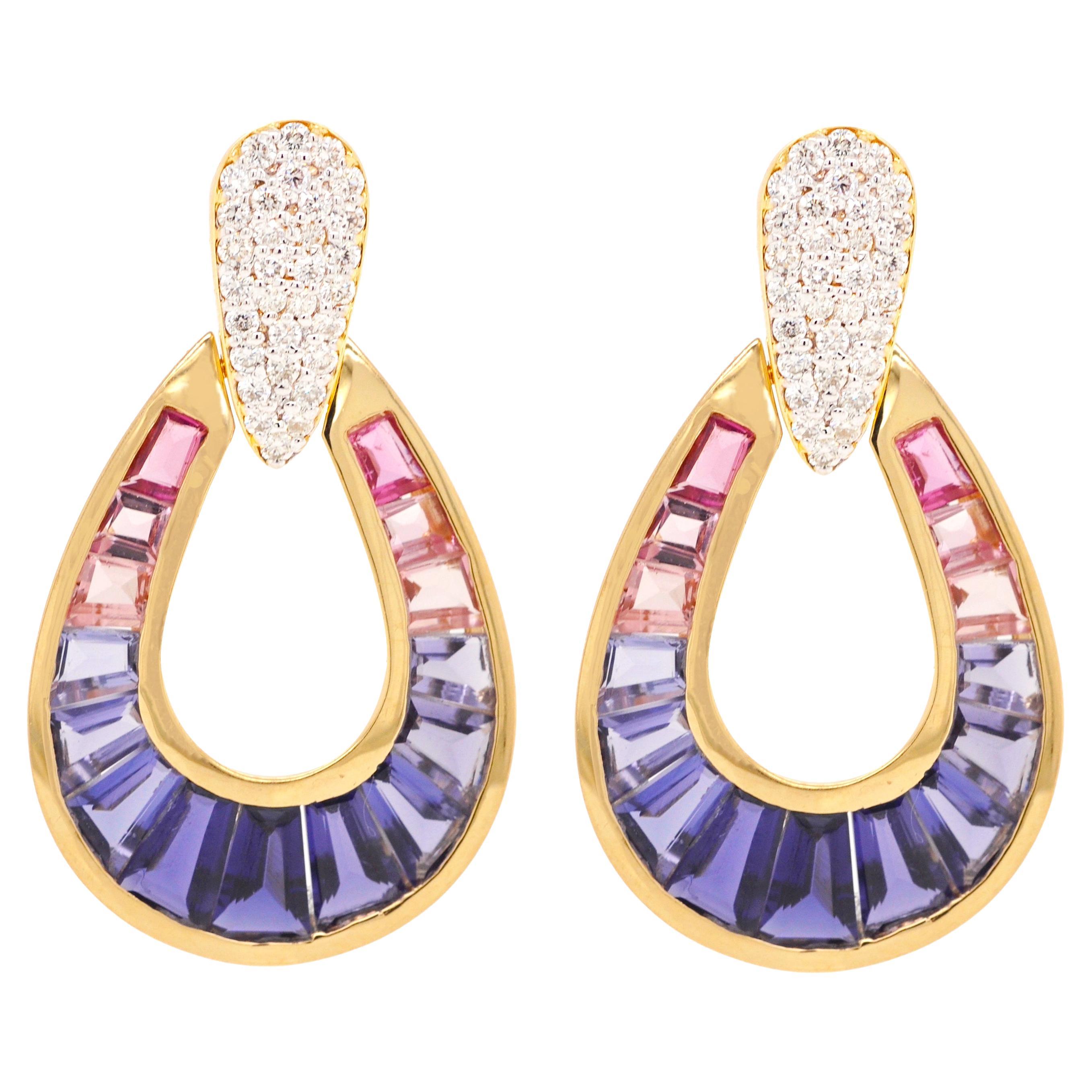 18K Gold Iolite Pink Tourmaline Contemporary Diamond Dangle Drop Earrings For Sale
