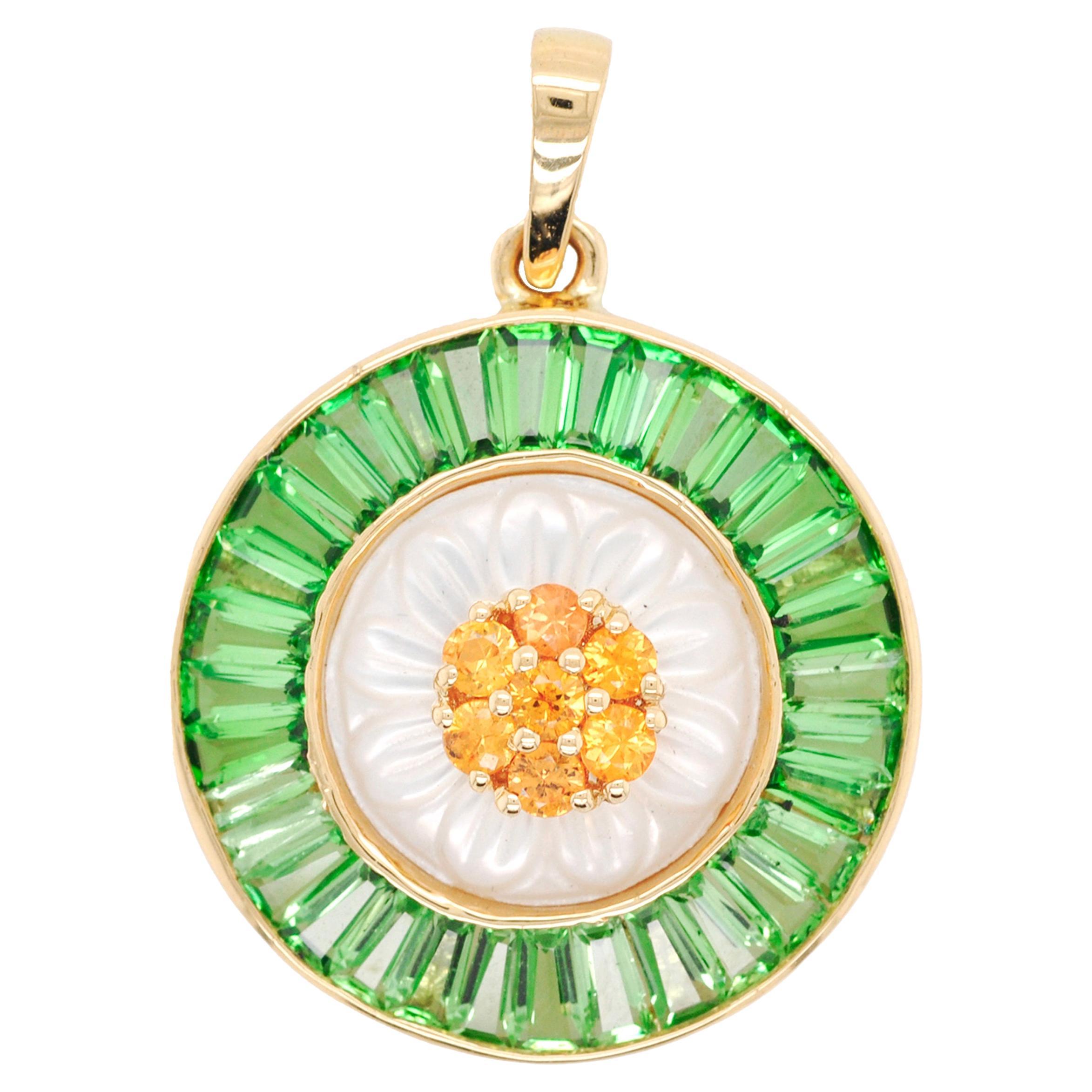 18 Karat Gold Tsavorite Carved Mother of Pearl Flower Yellow Sapphire Pendant For Sale
