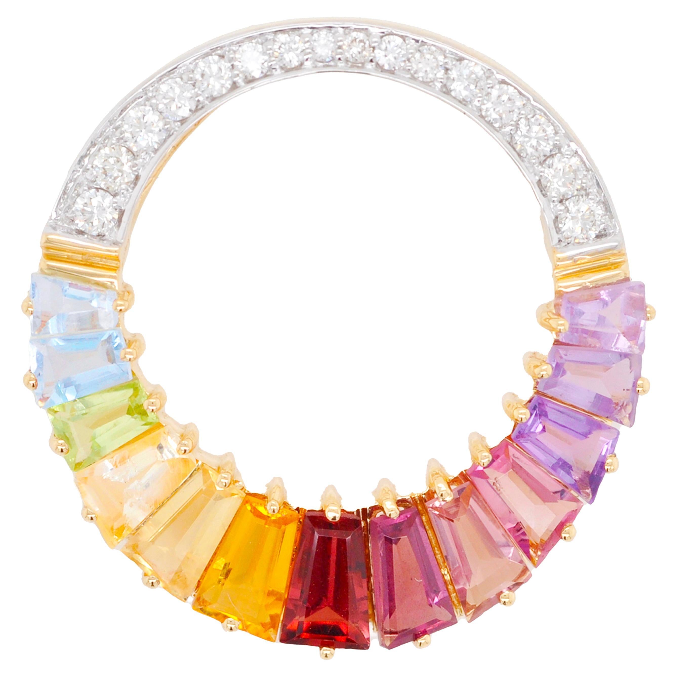 18K Gold Rainbow Gemstones Baguette Prong Set Diamond Circular Pendant Necklace For Sale