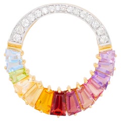 18K Gold Rainbow Gemstones Baguette Prong Set Diamond Circular Pendant Necklace