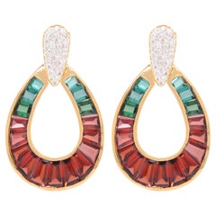 18 Karat Gold Garnet Green Tourmaline Taper Baguette Diamond Dangle Earrings