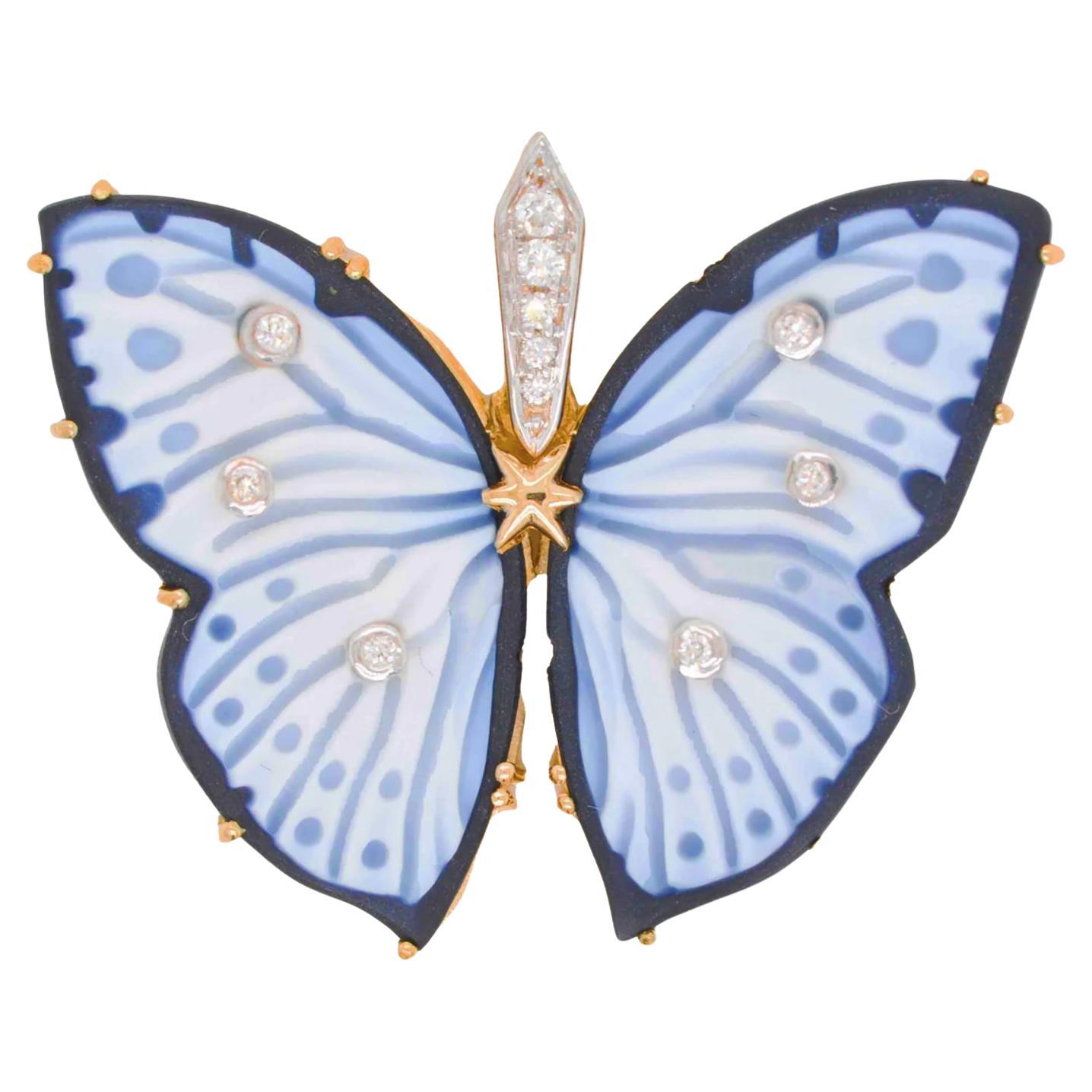 14 Karat Yellow Gold Butterfly Agate Carving Diamond Pendant Necklace