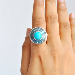 Bague cinétique en or blanc 14 carats avec cabochon tournant en turquoise, topaze bleue et diamants
