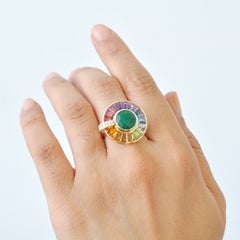 14K Yellow Gold 10MM Round Emerald Multicolor Gemstone Diamond Spinner Ring