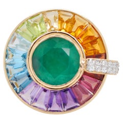 14K Yellow Gold 10MM Round Emerald Multicolor Gemstone Diamond Spinner Ring