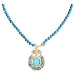 14K Yellow Gold Arizona Turquoise Blue Topaz Diamonds Lotus Pendant Necklace