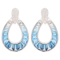 14K White Gold Teardrop Blue Topaz Taper Baguettes Diamonds Dangle Earrings