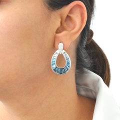 14K White Gold Teardrop Blue Topaz Taper Baguettes Diamonds Dangle Earrings
