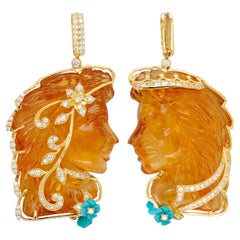 Collier avec pendentif réversible « La Belle et la Bête » en citrine, sculpté à la main, en or jaune 14 carats