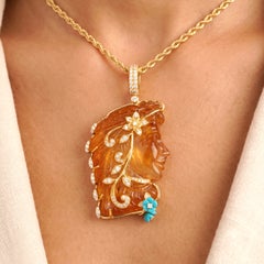 Collier avec pendentif réversible « La Belle et la Bête » en citrine, sculpté à la main, en or jaune 14 carats