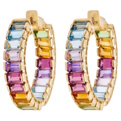 14K Yellow Gold Multicolor Bar Set Rainbow Hoop Earrings