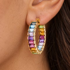 14K Yellow Gold Multicolor Bar Set Rainbow Hoop Earrings