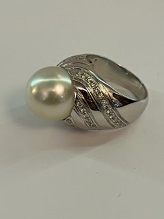Vintage 18K White Gold Pearl and 0.6 ct Diamond Ring, Italy Circa 1950s