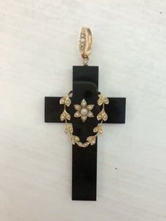 Antique Italian 18K Gold Onyx Pearl Cross Pendant, Circa 1870s-1890s