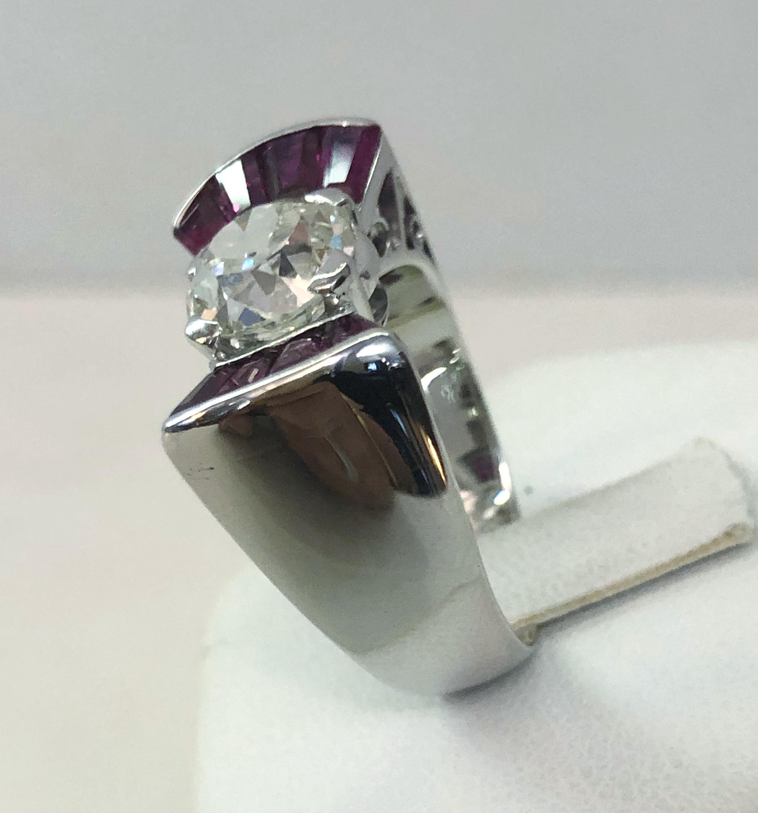da uomo o donna Anello con diamante e rubino in oro bianco 18 carati in vendita