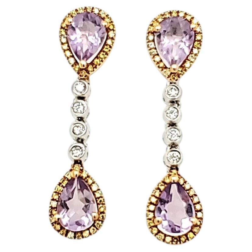 Amethyst, Yellow Diamond, and White Diamond Gold Earrings