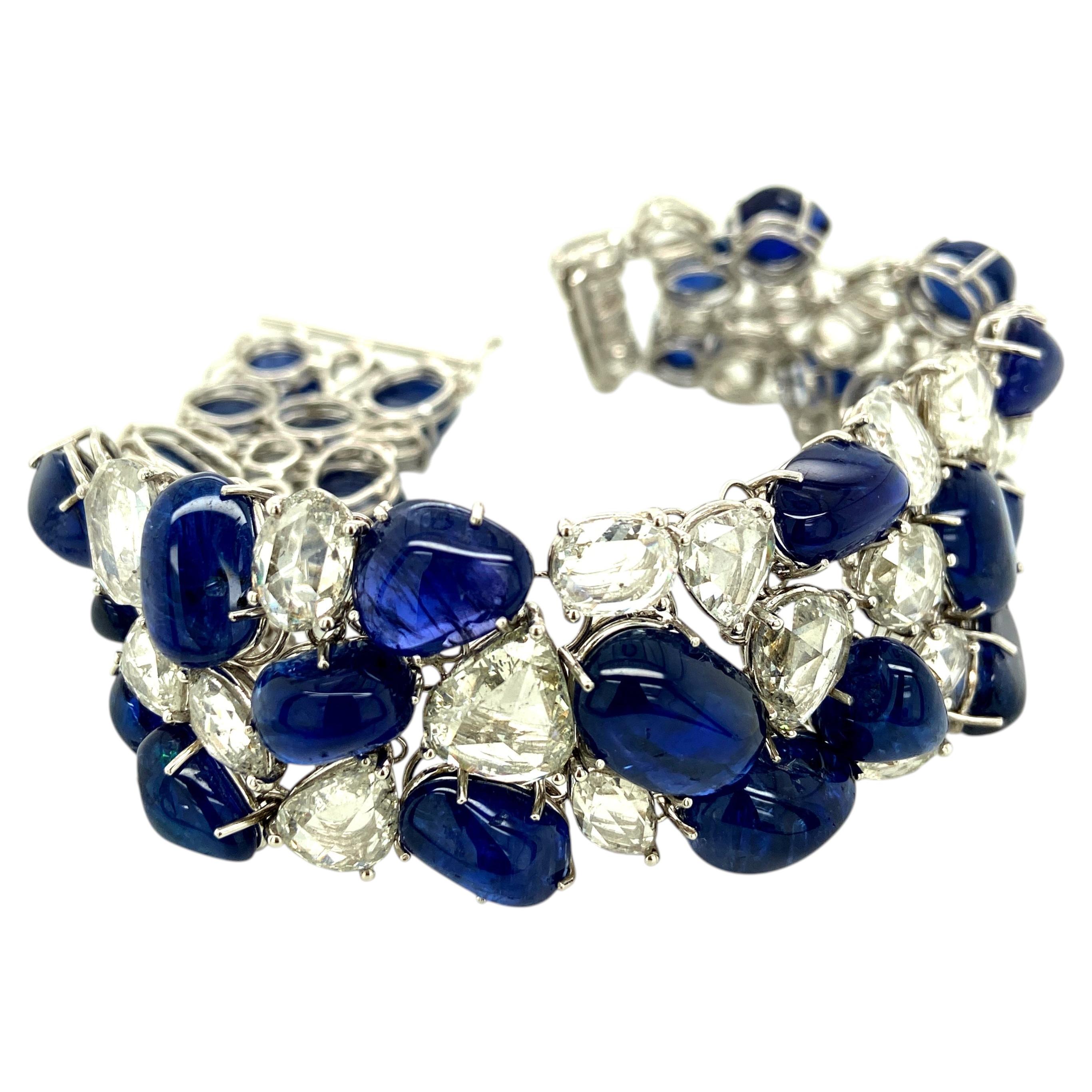 120 Carat No Heat Vivid Blue Sapphire Cabochons and Rose Cut Diamond Bracelet