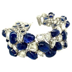 120 Carat No Heat Vivid Blue Sapphire Cabochons and Rose Cut Diamond Bracelet