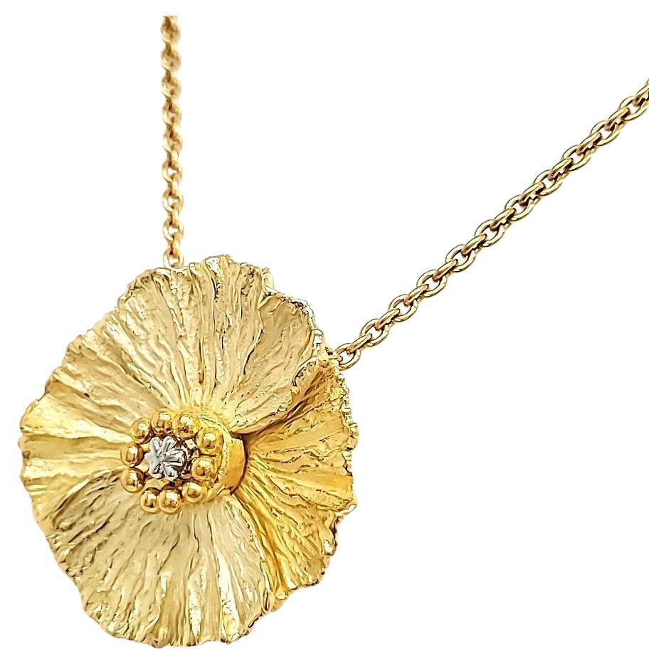 White and Yellow Gold "Flower" Pendant Necklace with Gold Chain For Sale