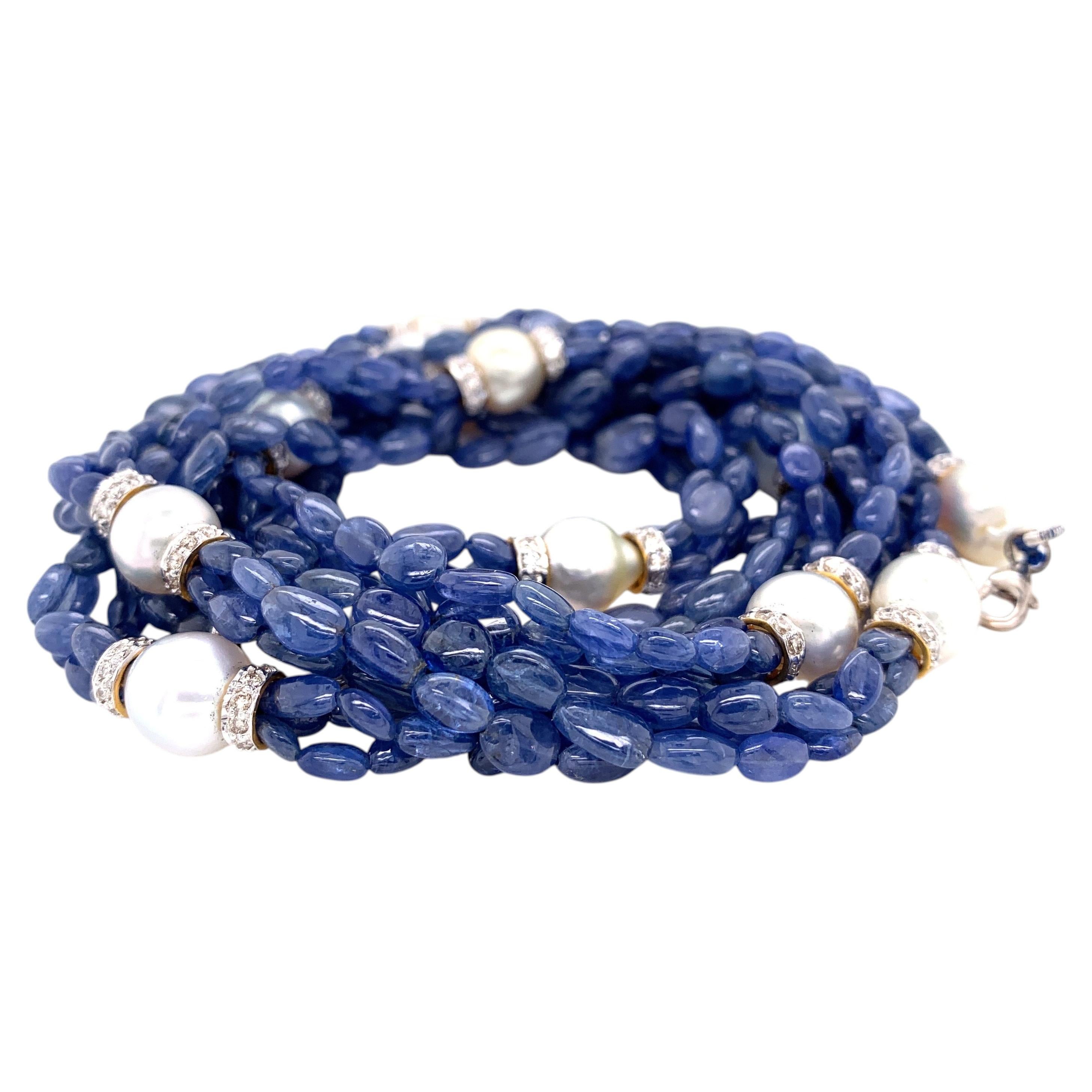 Burmese No Heat Sapphire Beads, Pearls, and White Diamond Gold Necklace For Sale