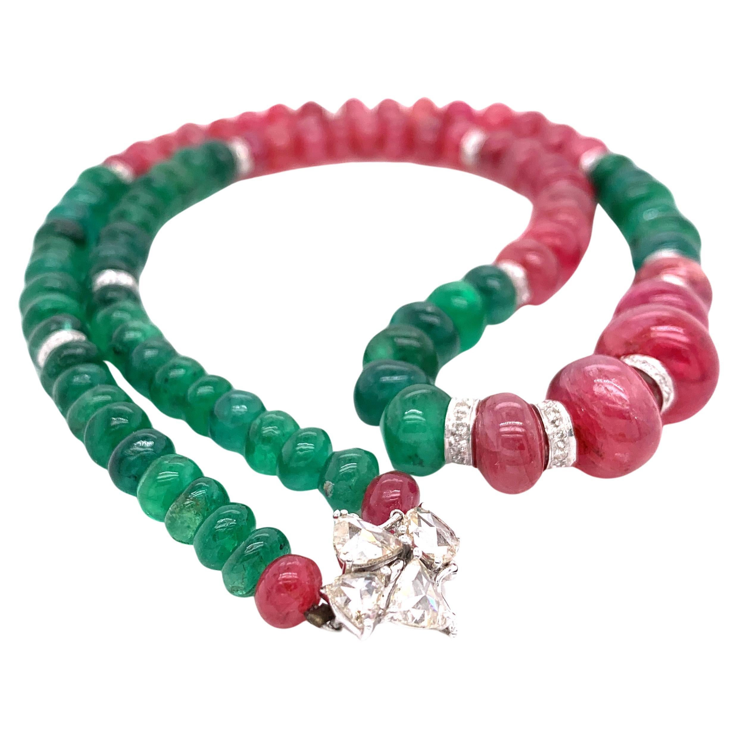 Burmese Ruby and Emerald Beads White Diamond Gold Necklace For Sale