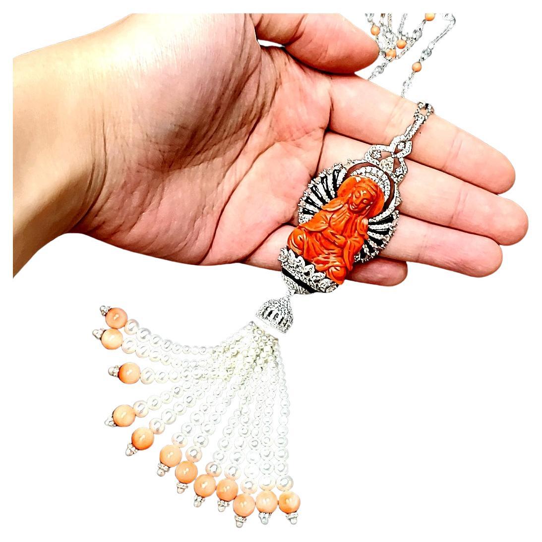 Peach Coral Buddha Statue Tassel Necklace With Diamonds, Freshwater Pearls And B For Sale