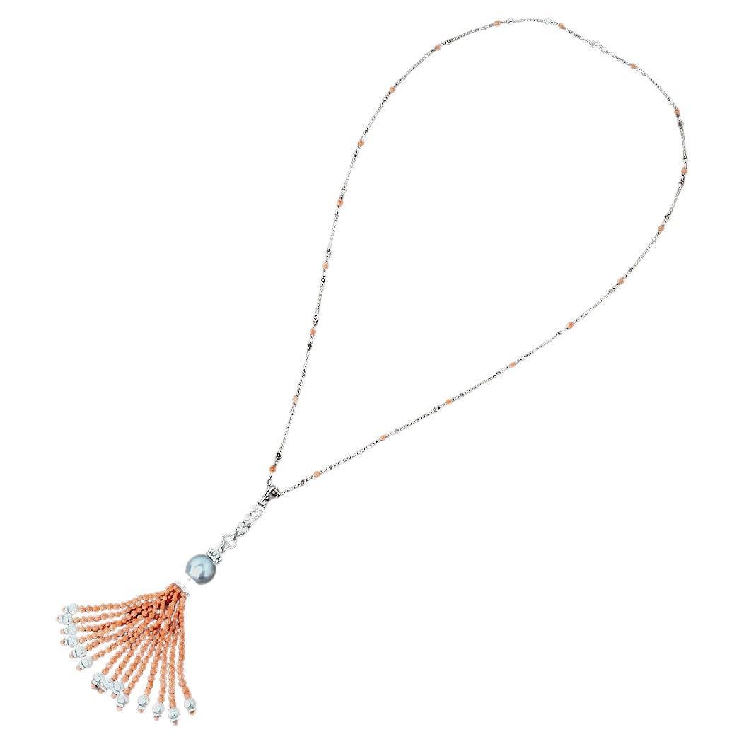 18k White Gold Peach Pearl Cts 61.08 and Diamond Tassel Necklace For Sale