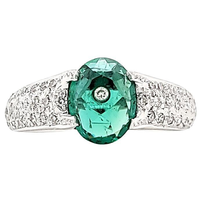 18k White Gold Cts 1.45 Oval Emerald and Diamond Engagement Ring For Sale
