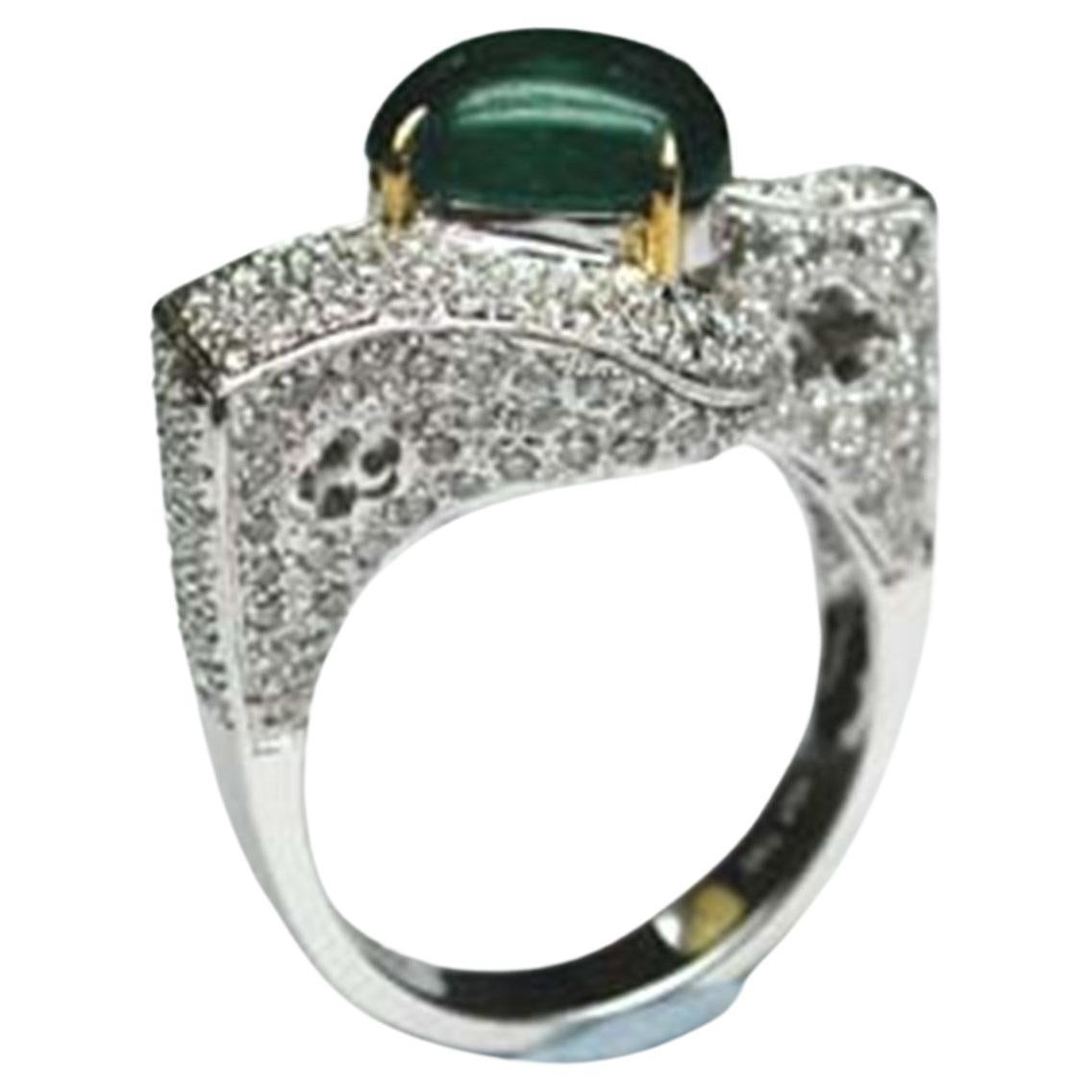 Emerald Cabuchon Cts 2.11 and Diamond Engagement Ring For Sale