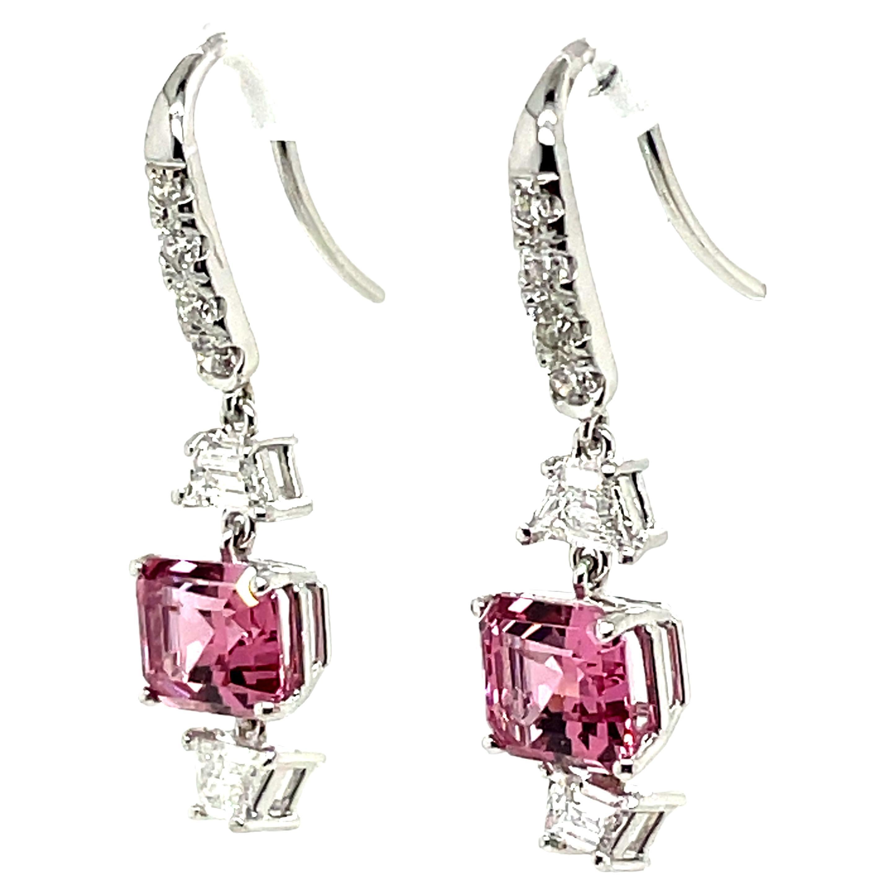 No Heat Pink Spinel Cts 4.21 and Diamond Dangle Earrings