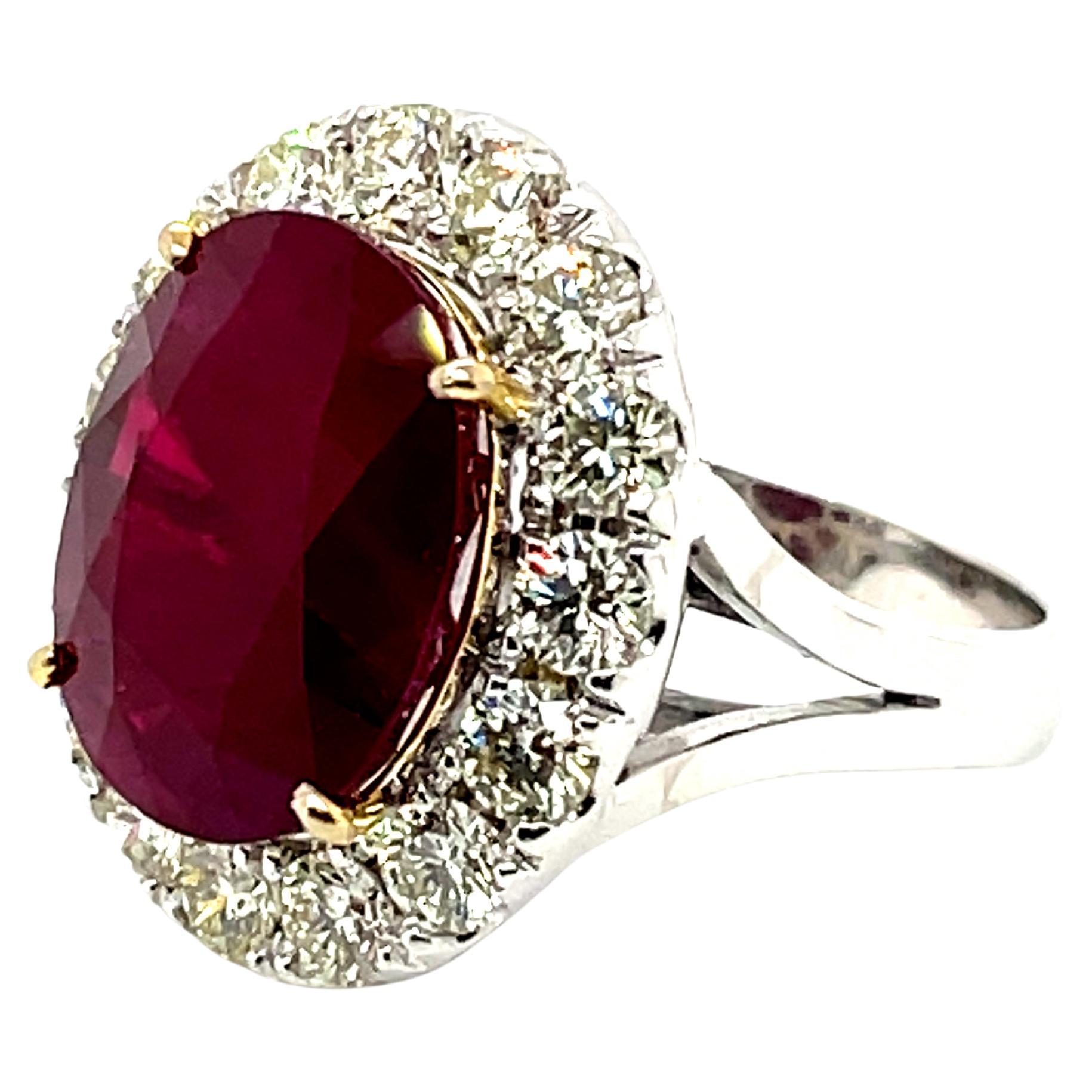 Faceted Oval Ruby Cts 10.58 and Diamond Engagement Ring GRS Certified  For Sale
