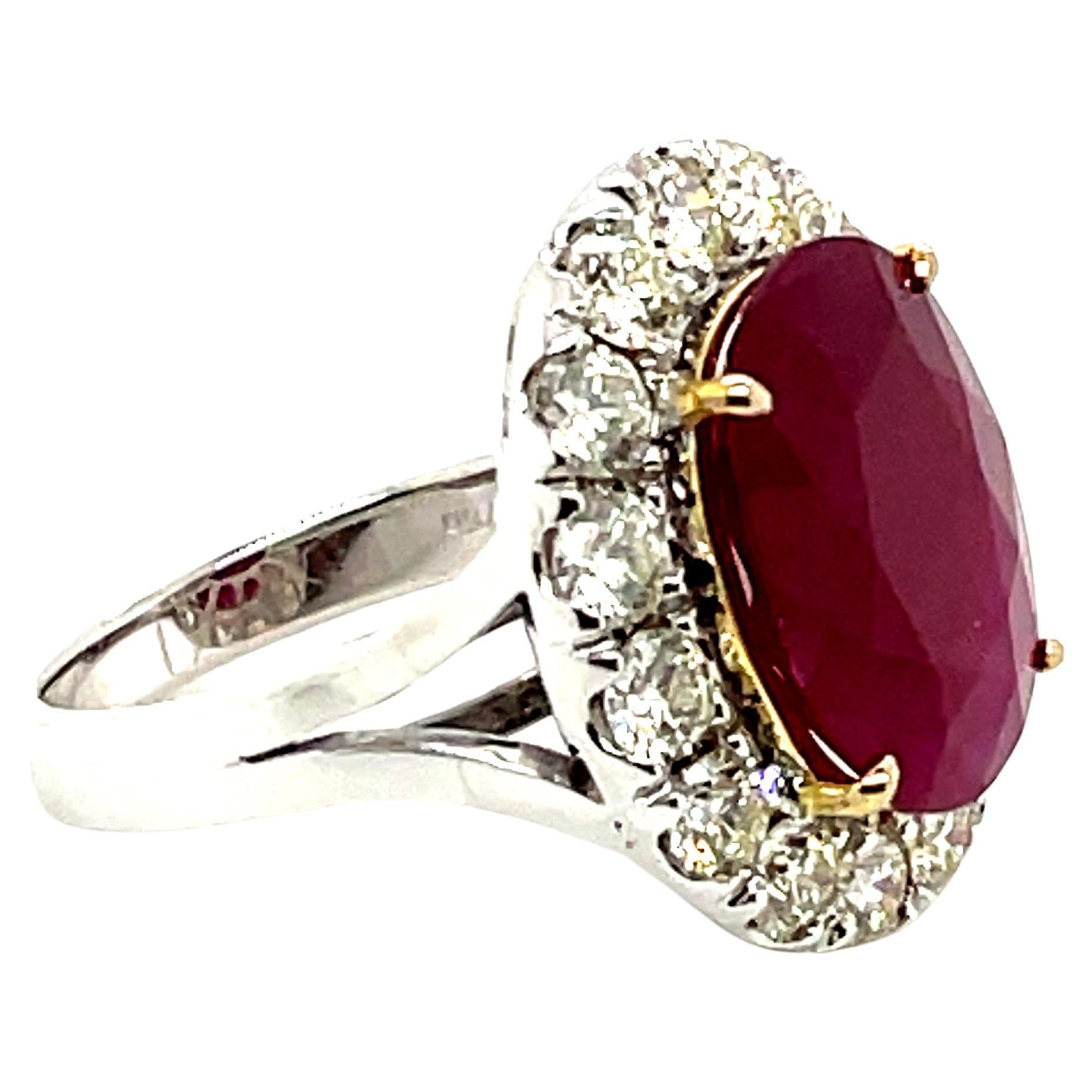 Fit for a queen, the centerpiece boasts an 8.45 cts heated oval ruby sourced from Burma, Myanmar. 

It comes with a GRS certificate, proving its origin and authenticity.

Highlighting its regal beauty, 15 round diamonds (1.92 ct) gracefully encircle