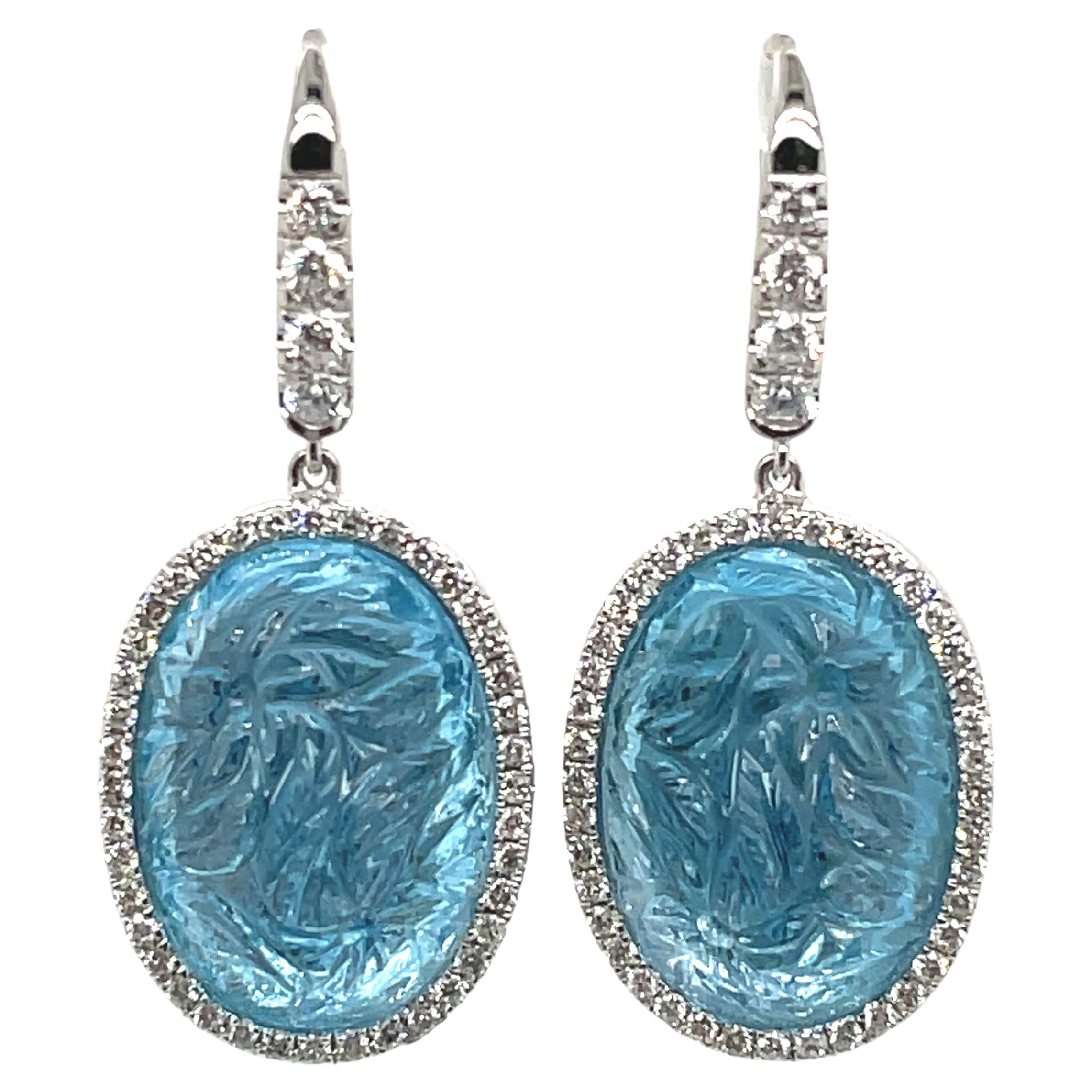 Carved Blue Topaz Cts 27.41 and Diamond Earrings Set in 18k White Gold For Sale