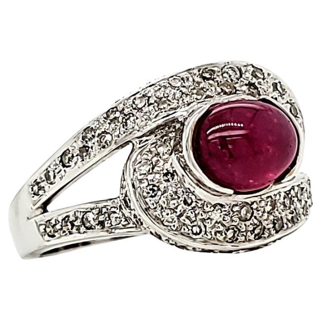 Ruby Cabochon Cts 1.75 and Diamond Cts 0.63 Engagement Ring For Sale
