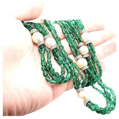 18k Gold Emerald Beads Cts 179 With Pearls and Diamonds Necklace